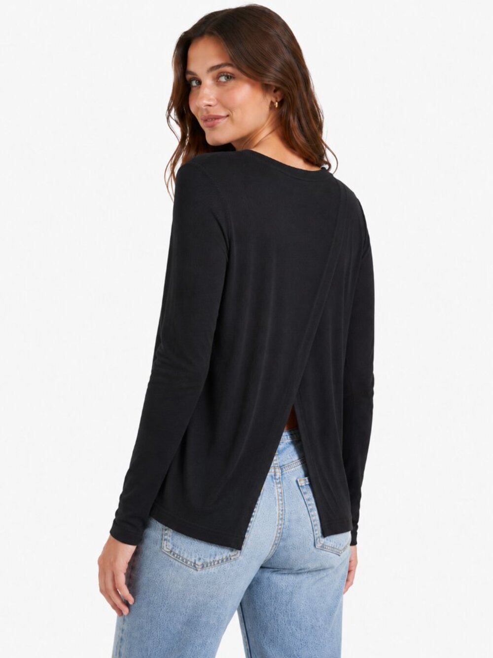 MARINE LAYER Lexi Rib Ribbed LS Top Black Large Crossover Back Modal Athleisure